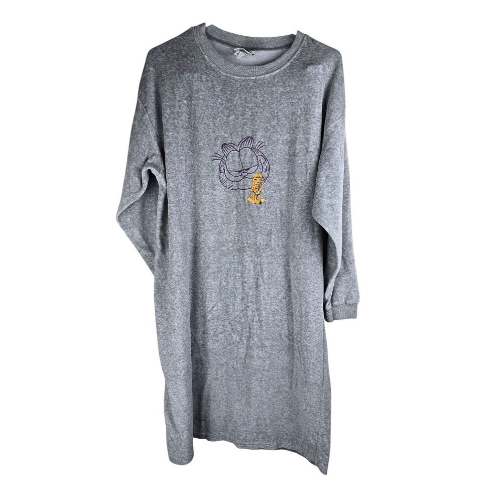 Vintage Garfield Pajama Velour Sleepwear Sleep Shirt‎ Nightgown Large Gray EUC